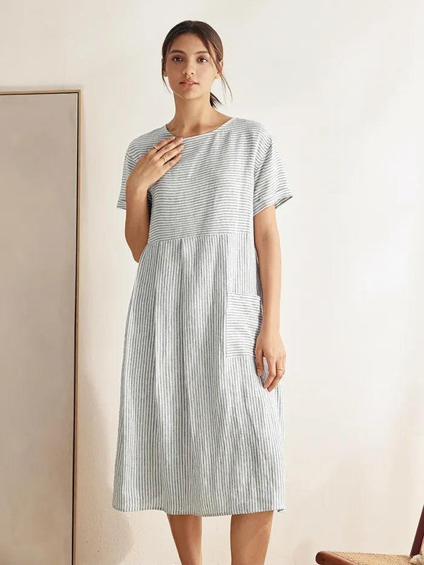 100% Linen Pinstripe Paneled Short-Sleeved Dress MORGAN