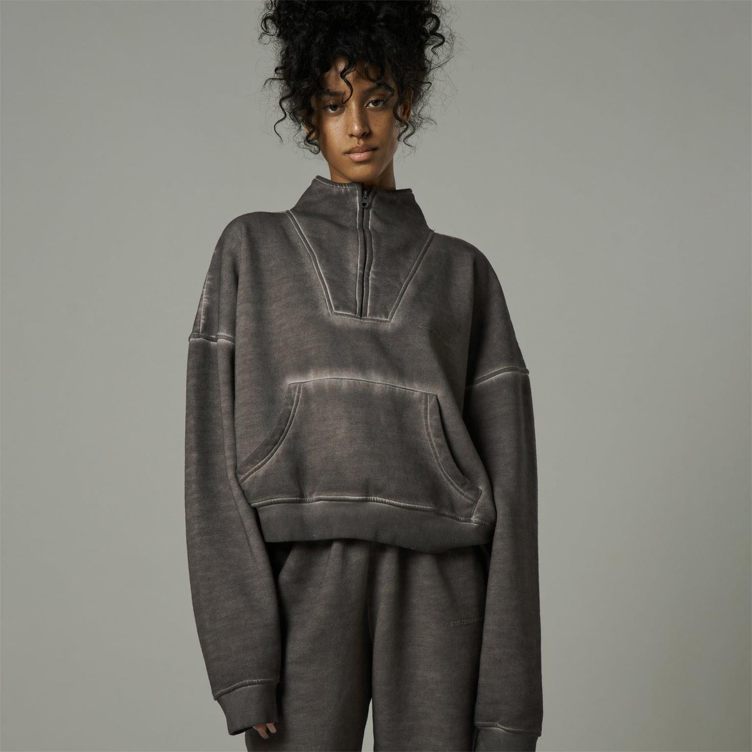 Women Trendy Loose Half-Zip Distressed Hoodie Coat