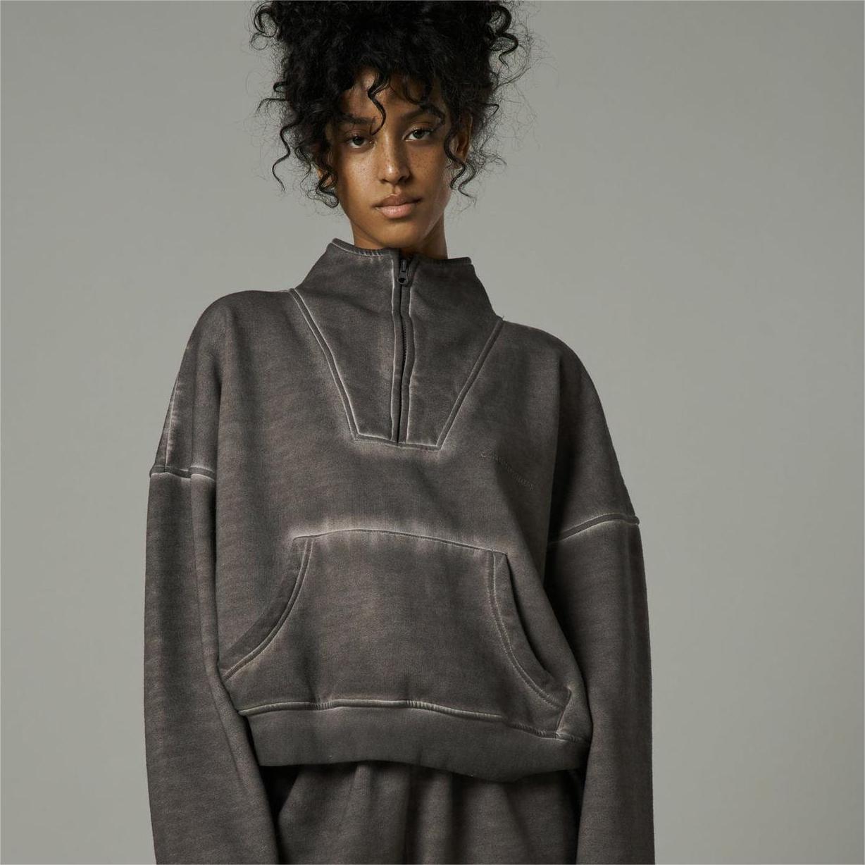 Women Trendy Loose Half-Zip Distressed Hoodie Coat