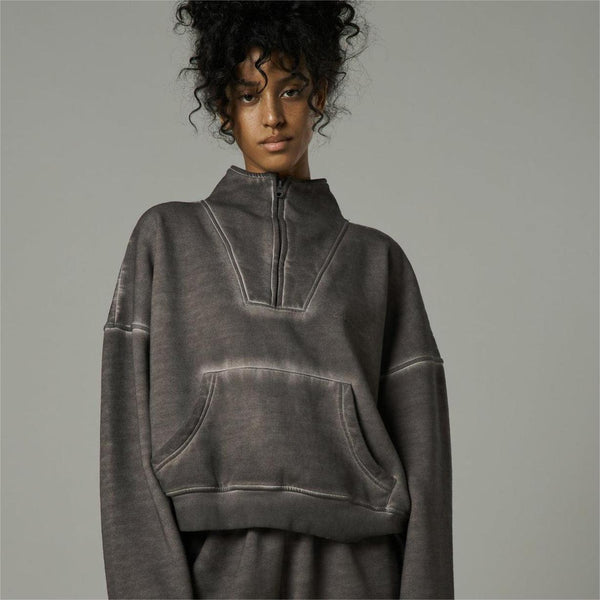 Women Trendy Loose Half-Zip Distressed Hoodie Coat