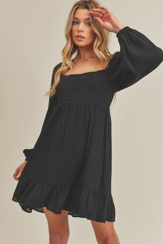 Women Ruffled Square Neck Balloon Sleeve Mini Dress