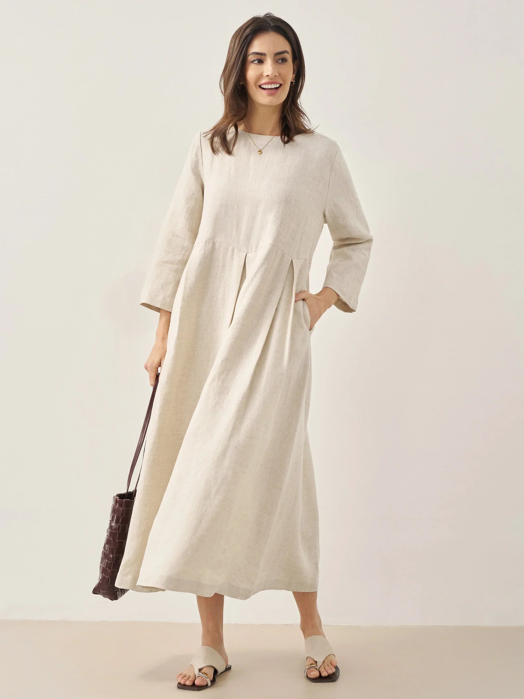 ABIGAIL Linen Bateau Neck Pleated Midi Dress