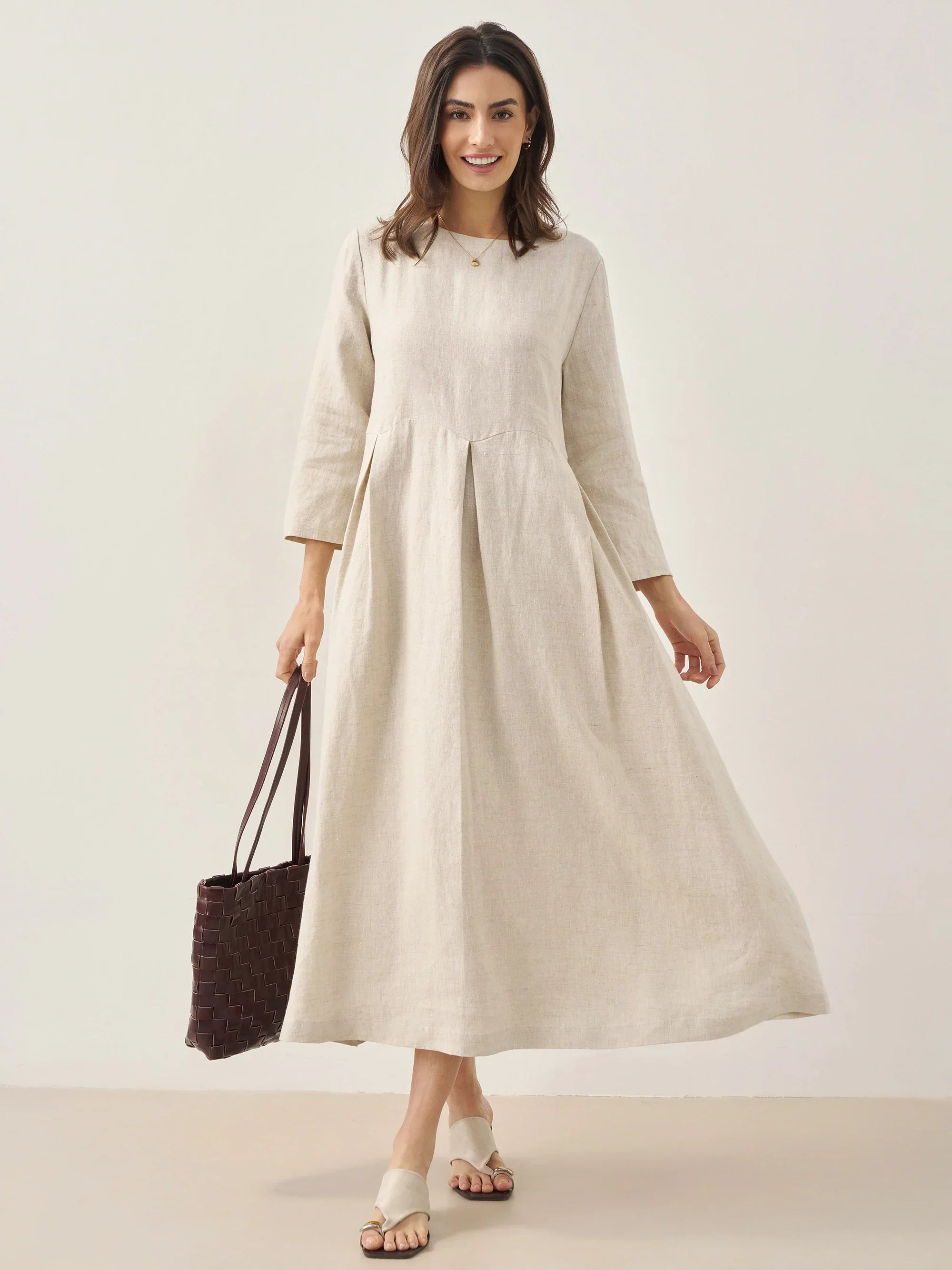 ABIGAIL Linen Bateau Neck Pleated Midi Dress