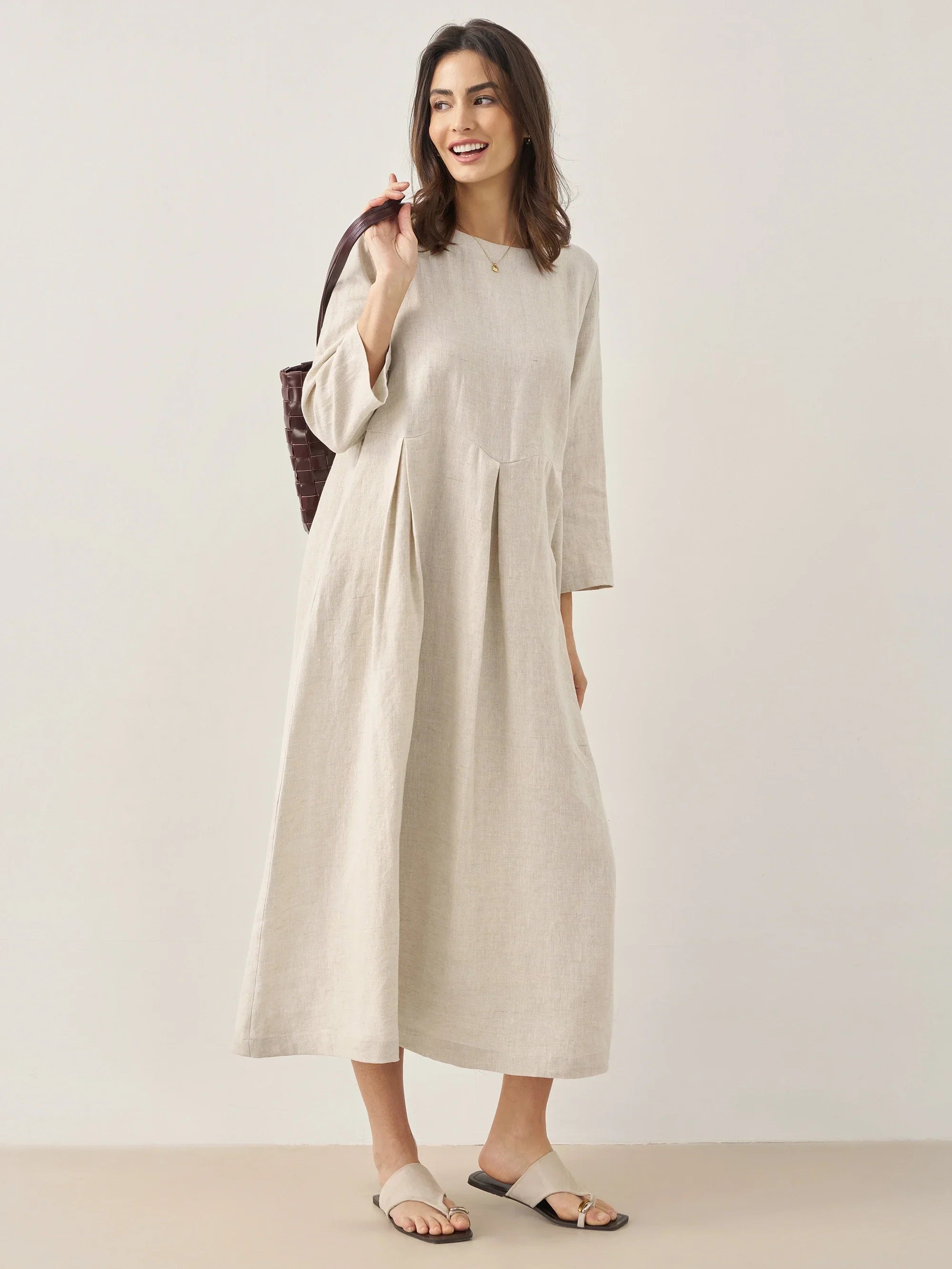 ABIGAIL Linen Bateau Neck Pleated Midi Dress