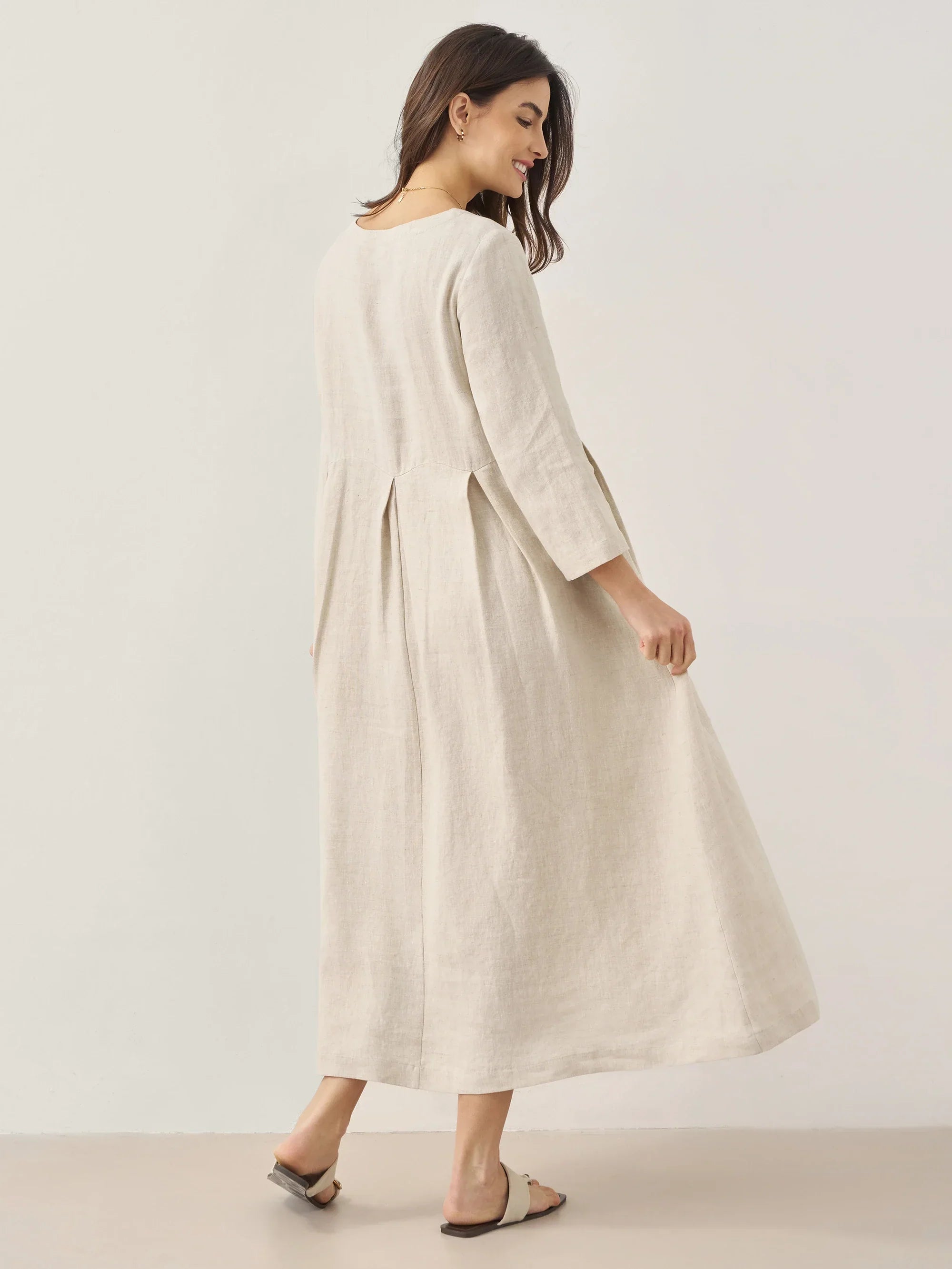 ABIGAIL Linen Bateau Neck Pleated Midi Dress