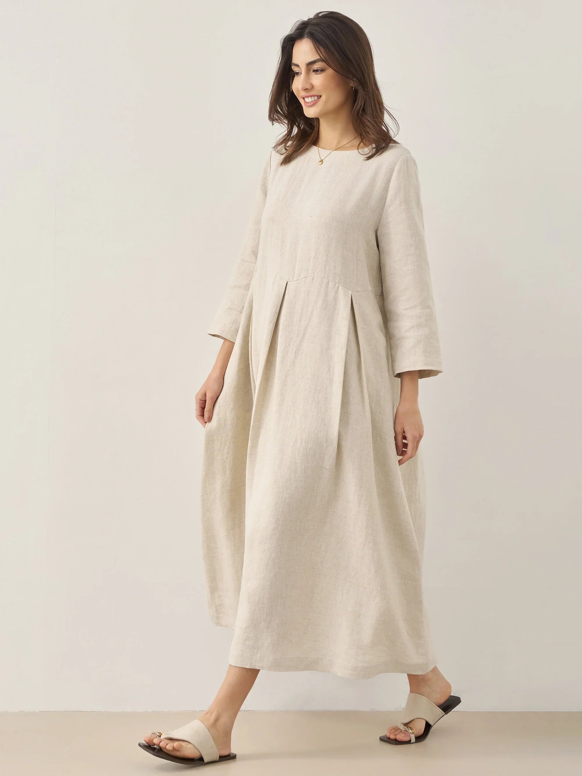 ABIGAIL Linen Bateau Neck Pleated Midi Dress