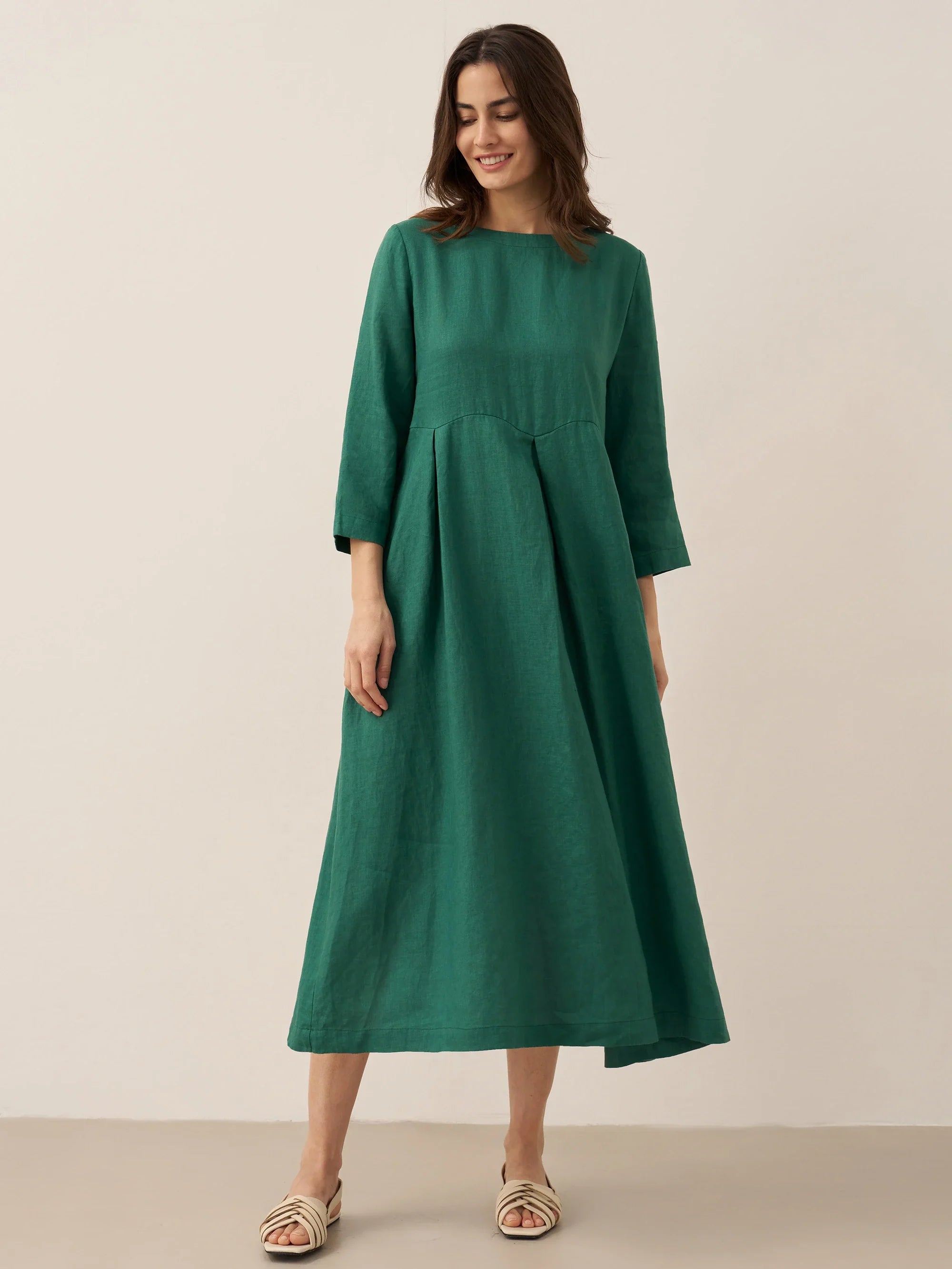 ABIGAIL Linen Bateau Neck Pleated Midi Dress