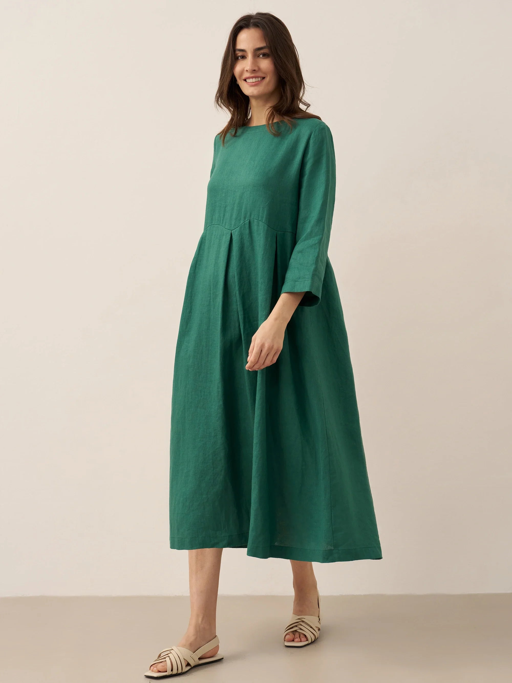 ABIGAIL Linen Bateau Neck Pleated Midi Dress