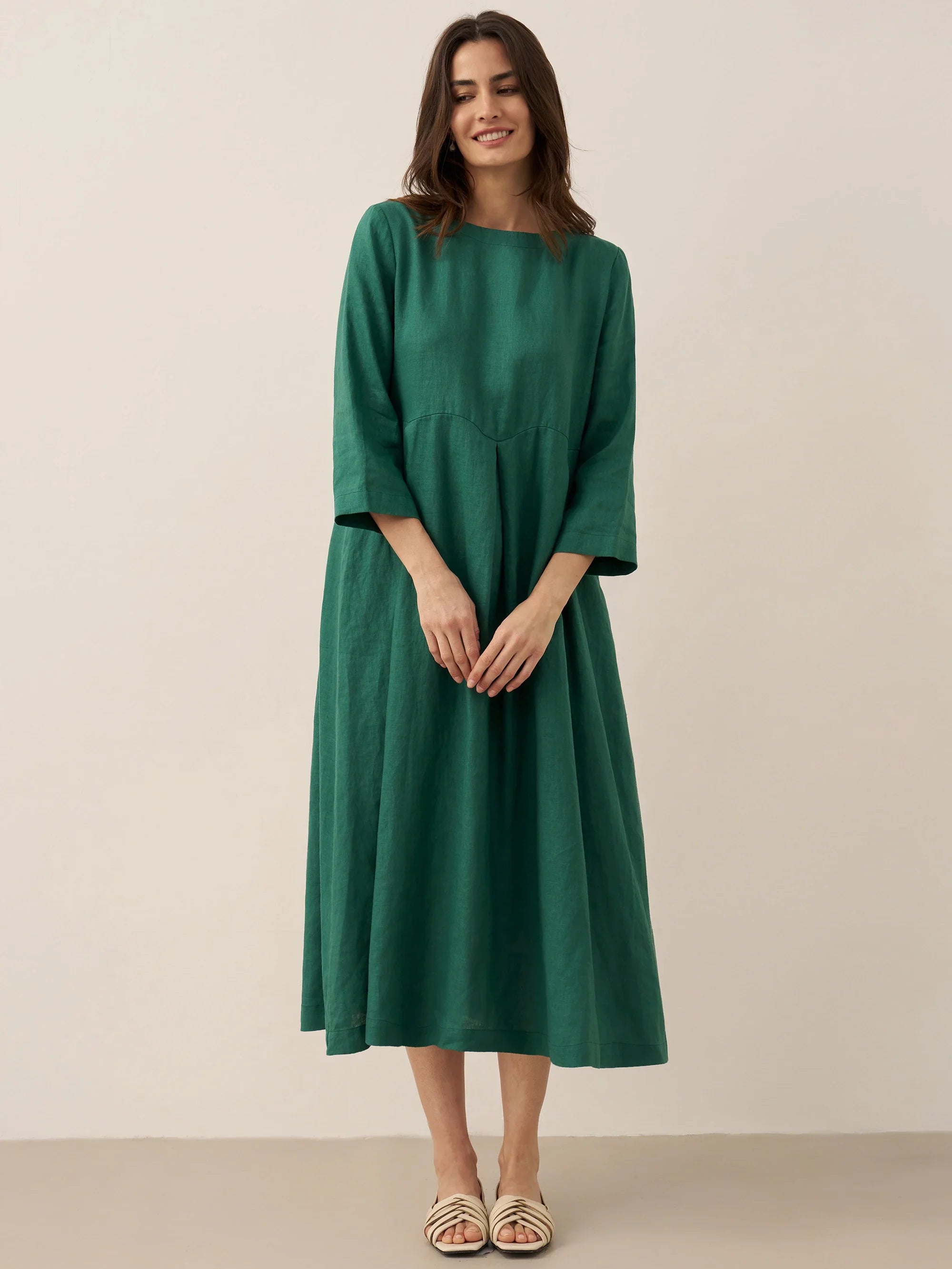 ABIGAIL Linen Bateau Neck Pleated Midi Dress