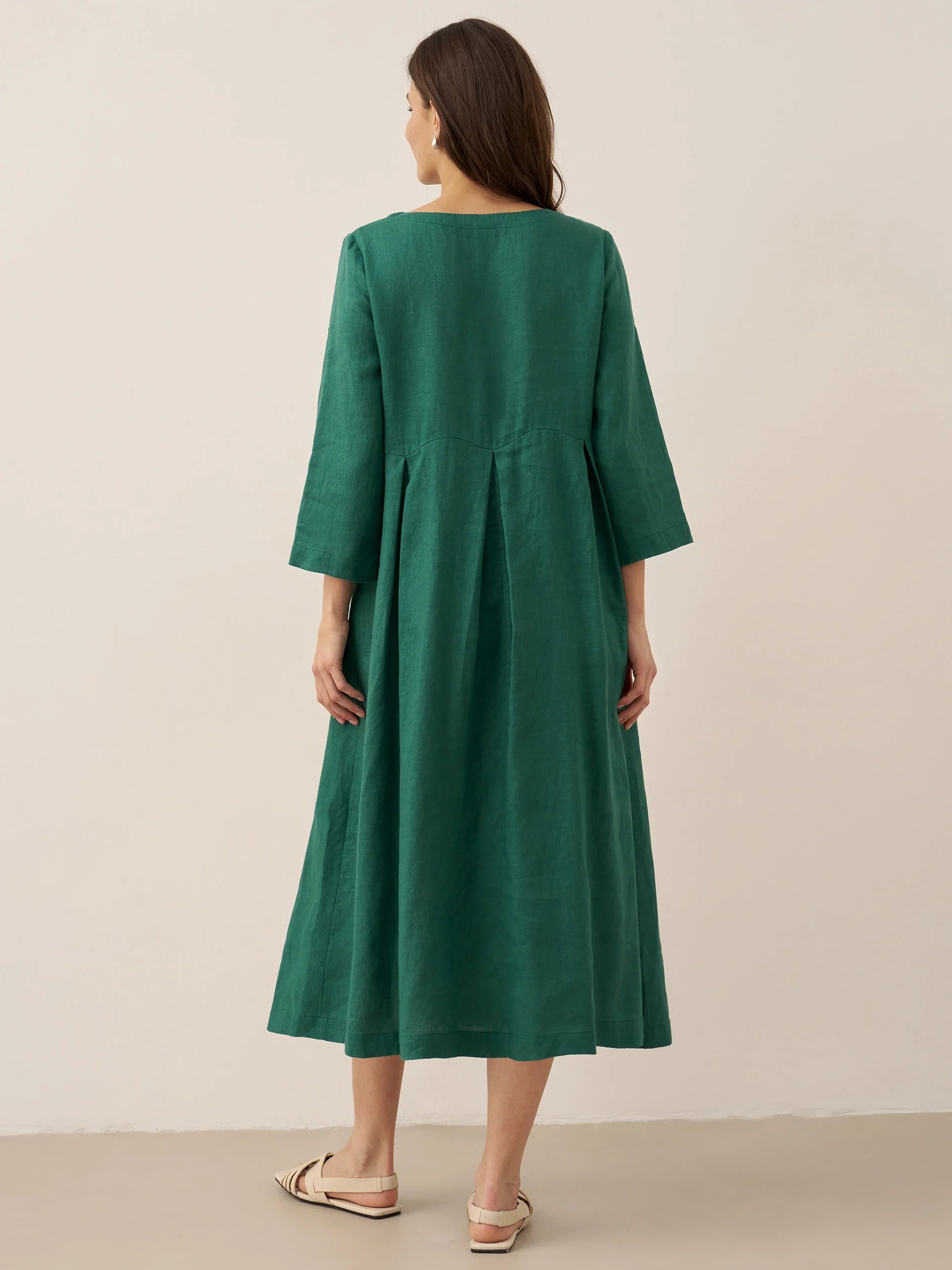 ABIGAIL Linen Bateau Neck Pleated Midi Dress