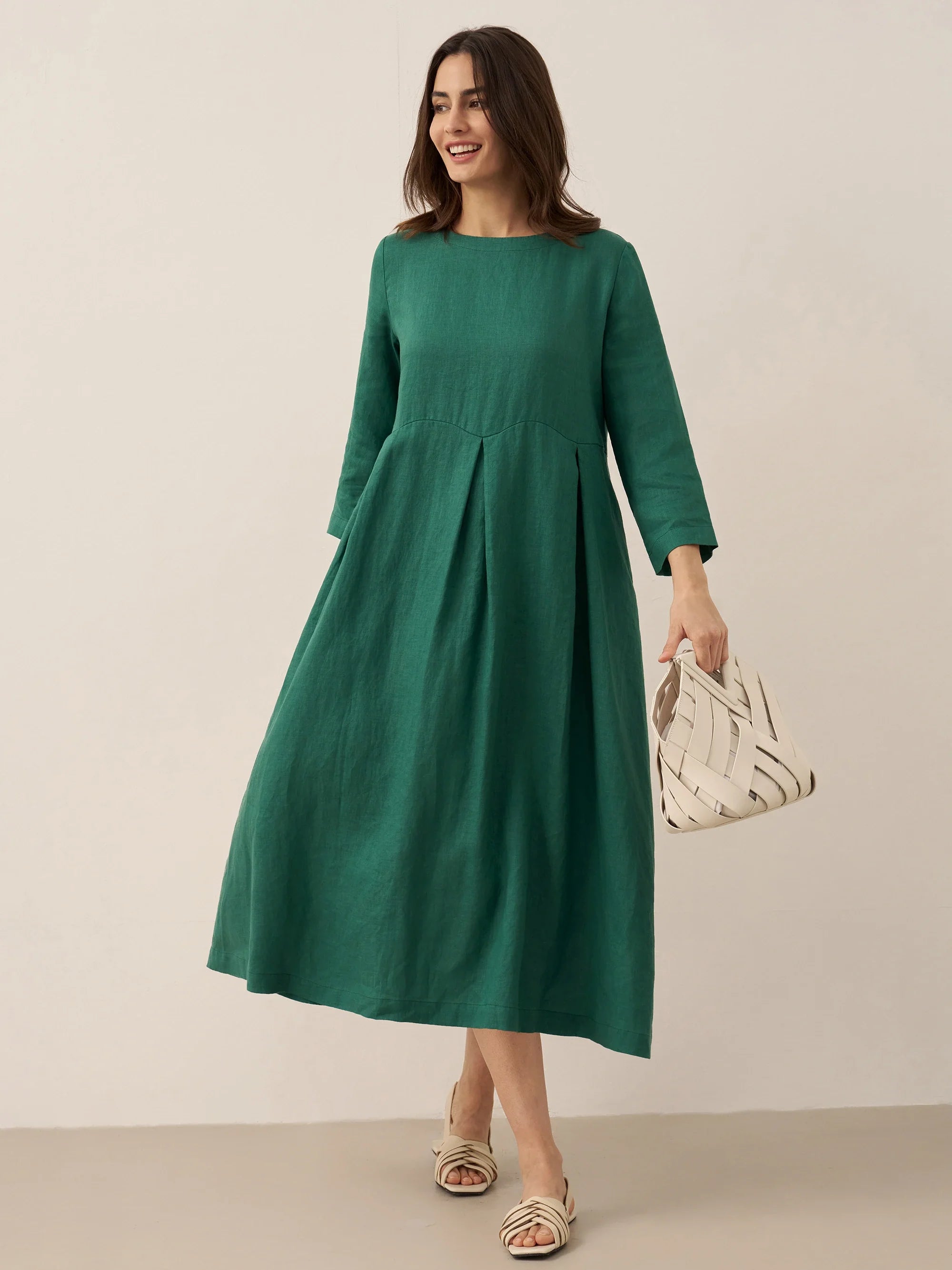 ABIGAIL Linen Bateau Neck Pleated Midi Dress