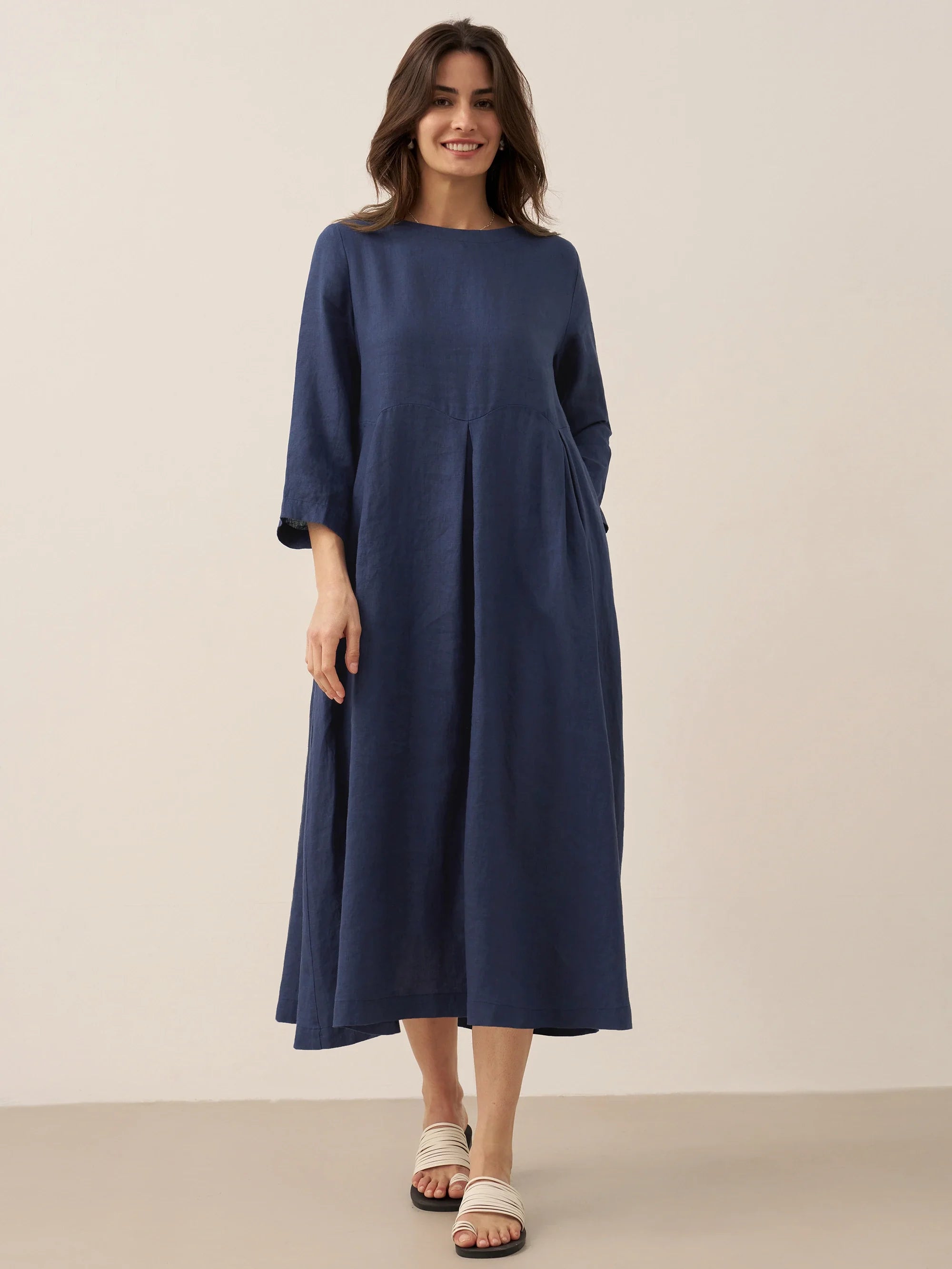ABIGAIL Linen Bateau Neck Pleated Midi Dress