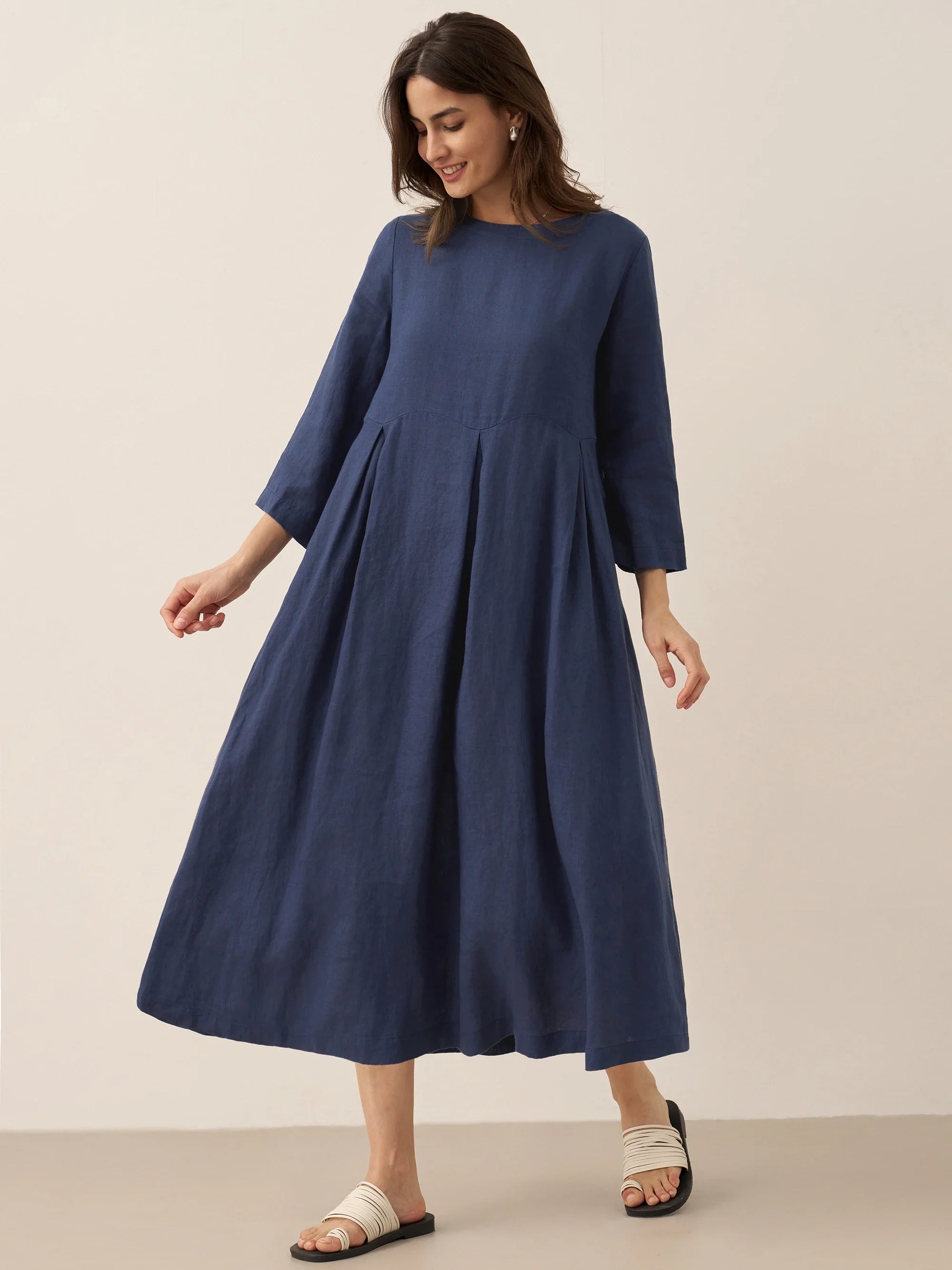 ABIGAIL Linen Bateau Neck Pleated Midi Dress