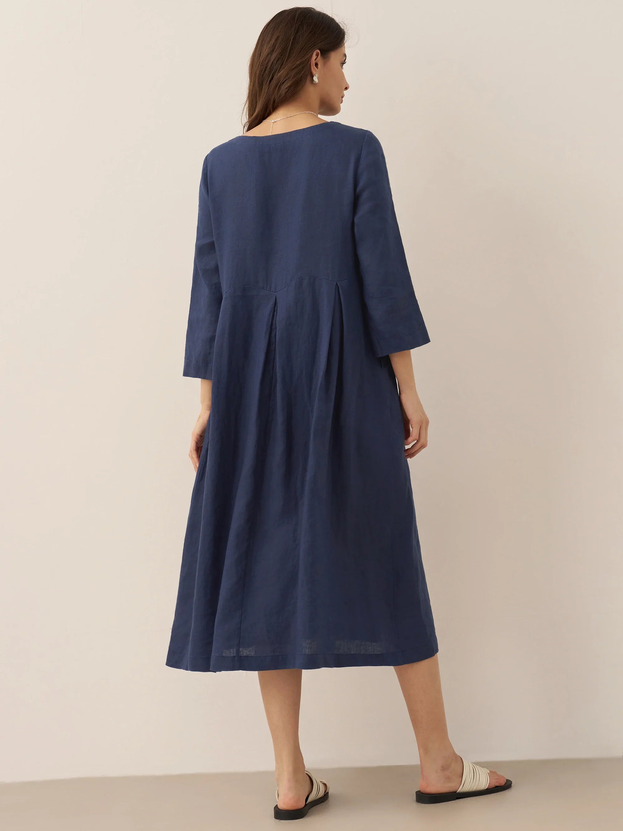 ABIGAIL Linen Bateau Neck Pleated Midi Dress