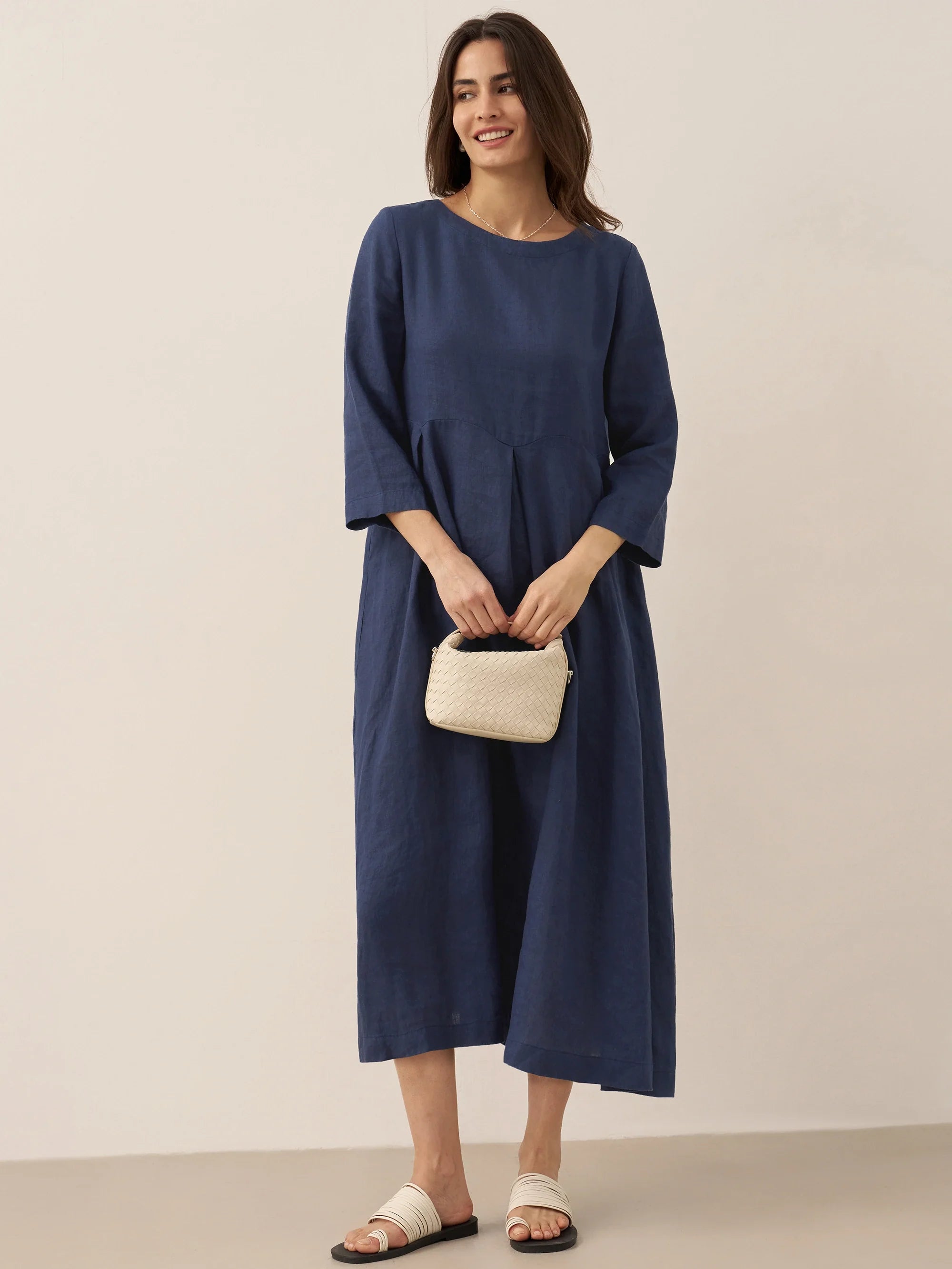 ABIGAIL Linen Bateau Neck Pleated Midi Dress