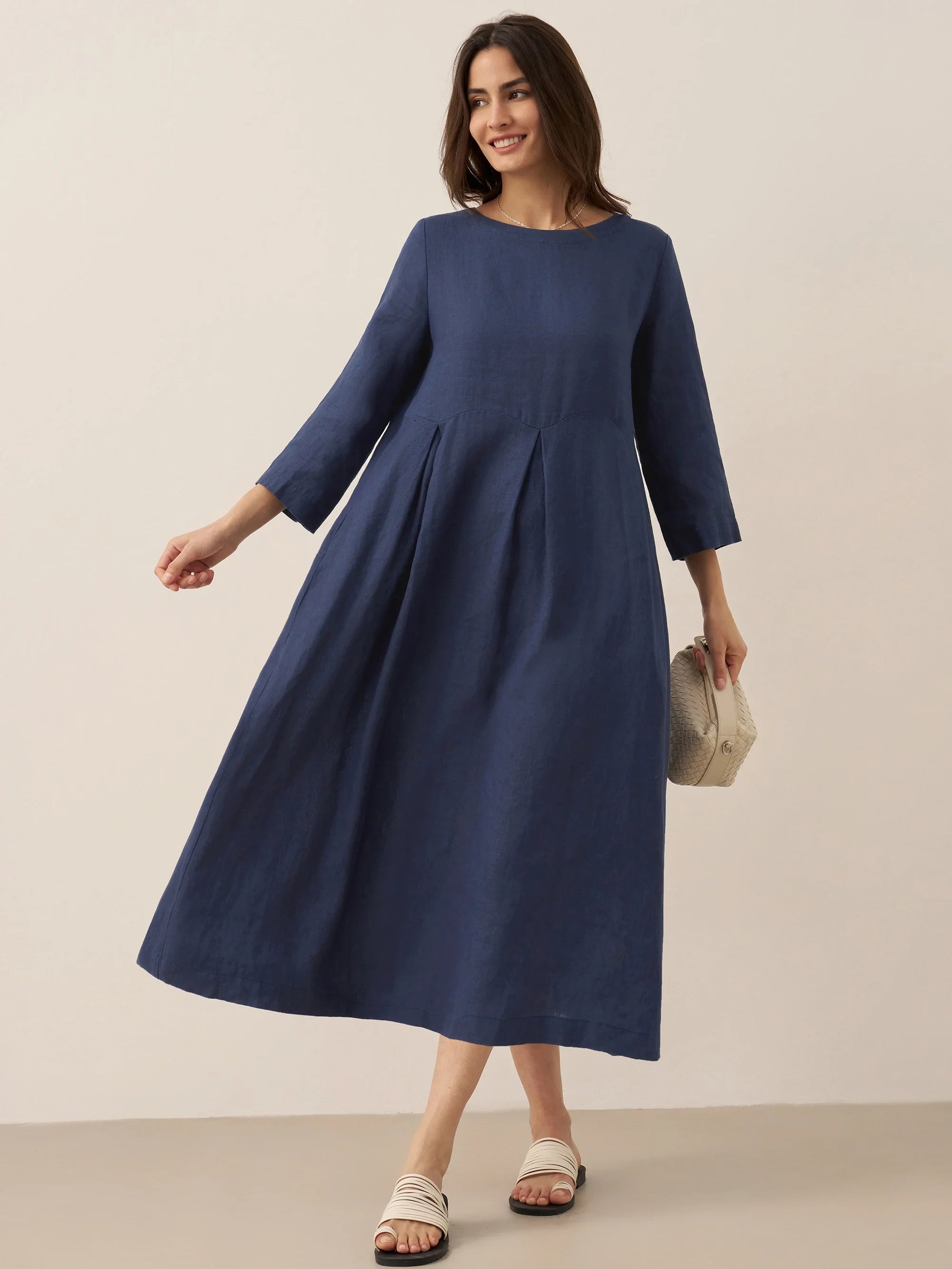 ABIGAIL Linen Bateau Neck Pleated Midi Dress