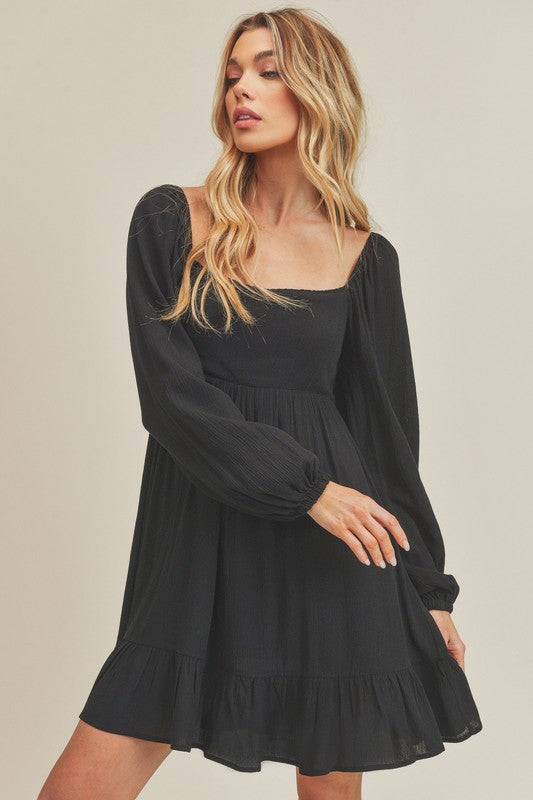Women Ruffled Square Neck Balloon Sleeve Mini Dress