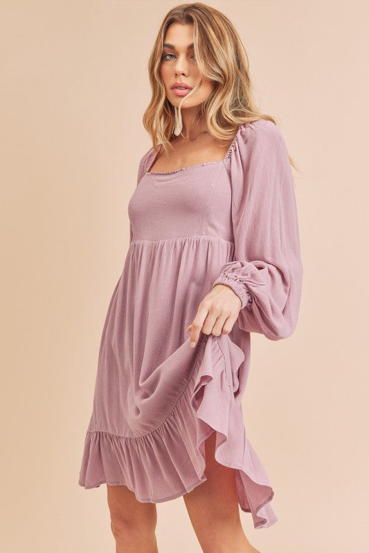 Women Ruffled Square Neck Balloon Sleeve Mini Dress