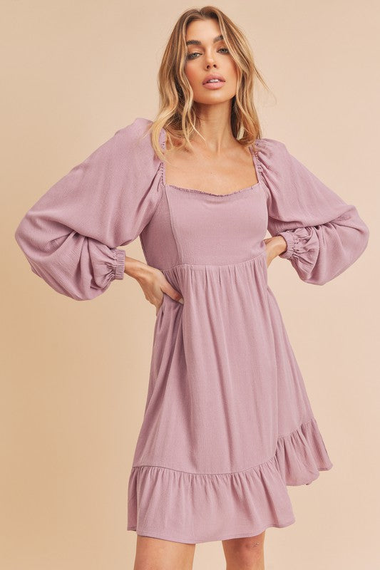 Women Ruffled Square Neck Balloon Sleeve Mini Dress