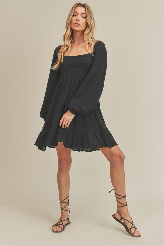 Women Ruffled Square Neck Balloon Sleeve Mini Dress