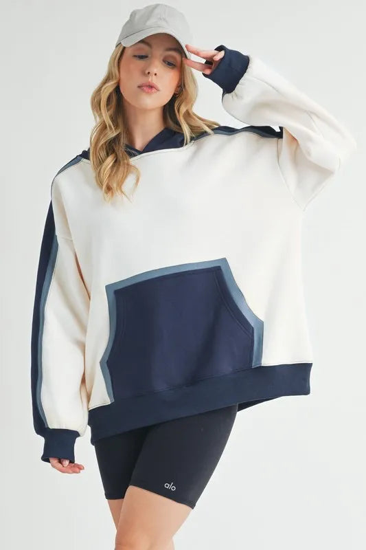 Trendy Color Block Hoodie with Kangaroo Pocket