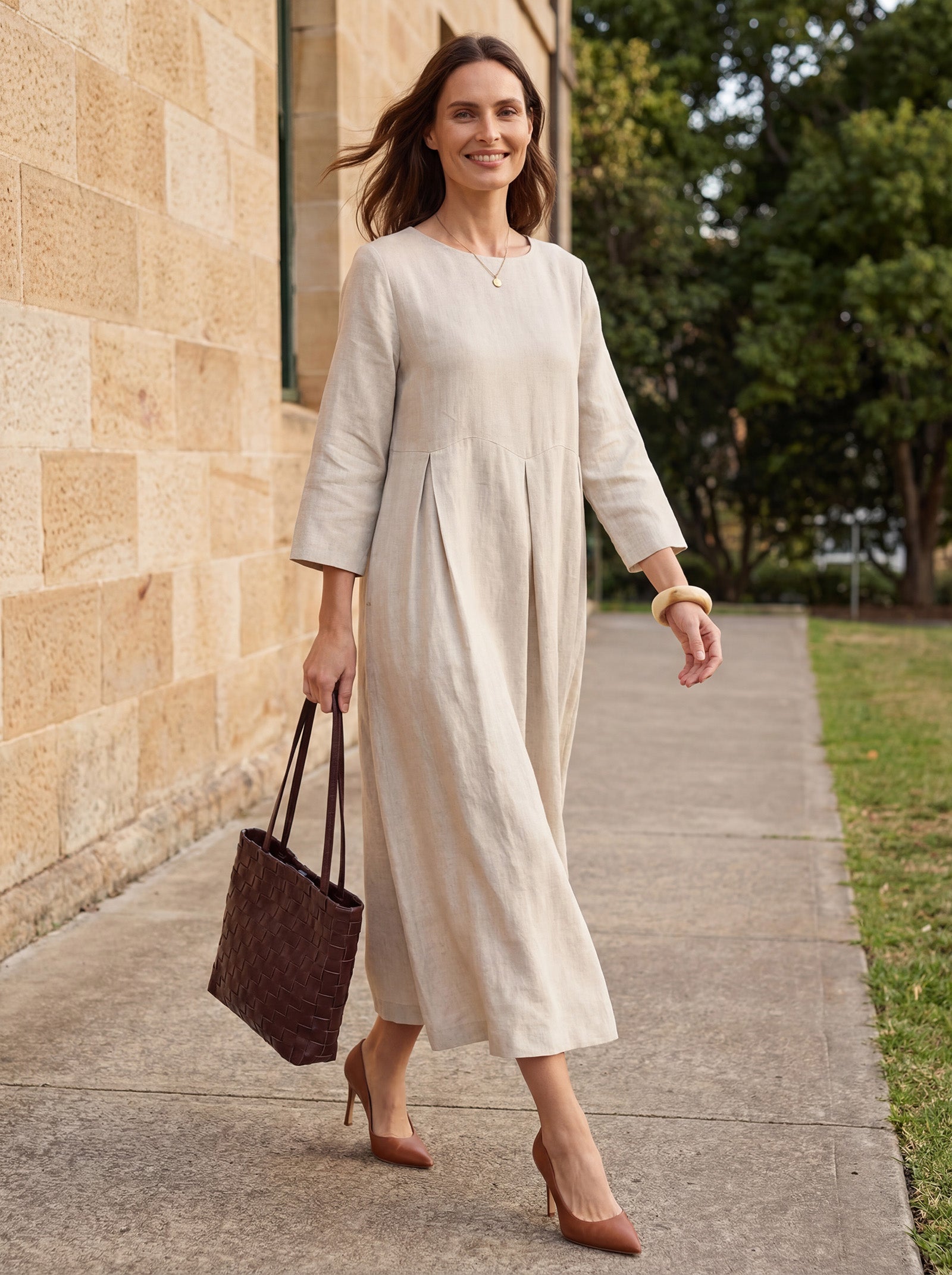ABIGAIL Linen Bateau Neck Pleated Midi Dress