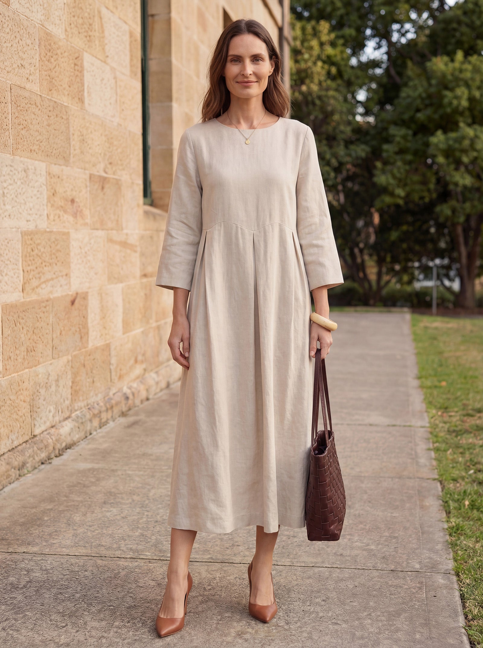 ABIGAIL Linen Bateau Neck Pleated Midi Dress