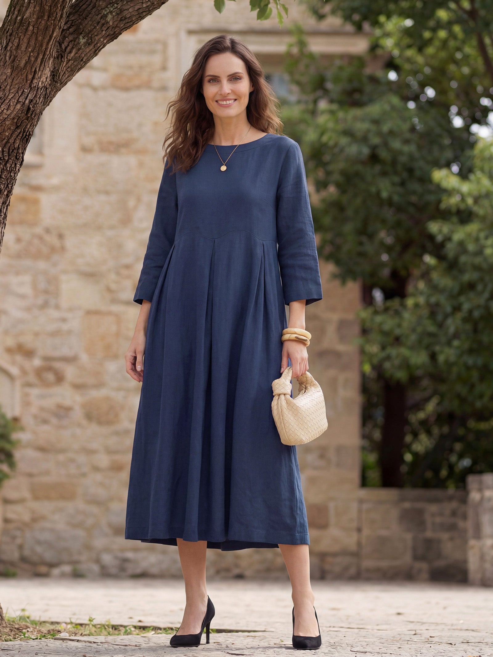 ABIGAIL Linen Bateau Neck Pleated Midi Dress