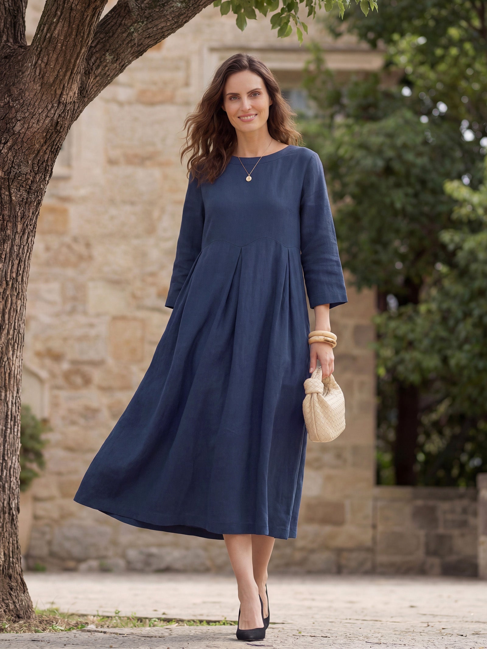 ABIGAIL Linen Bateau Neck Pleated Midi Dress