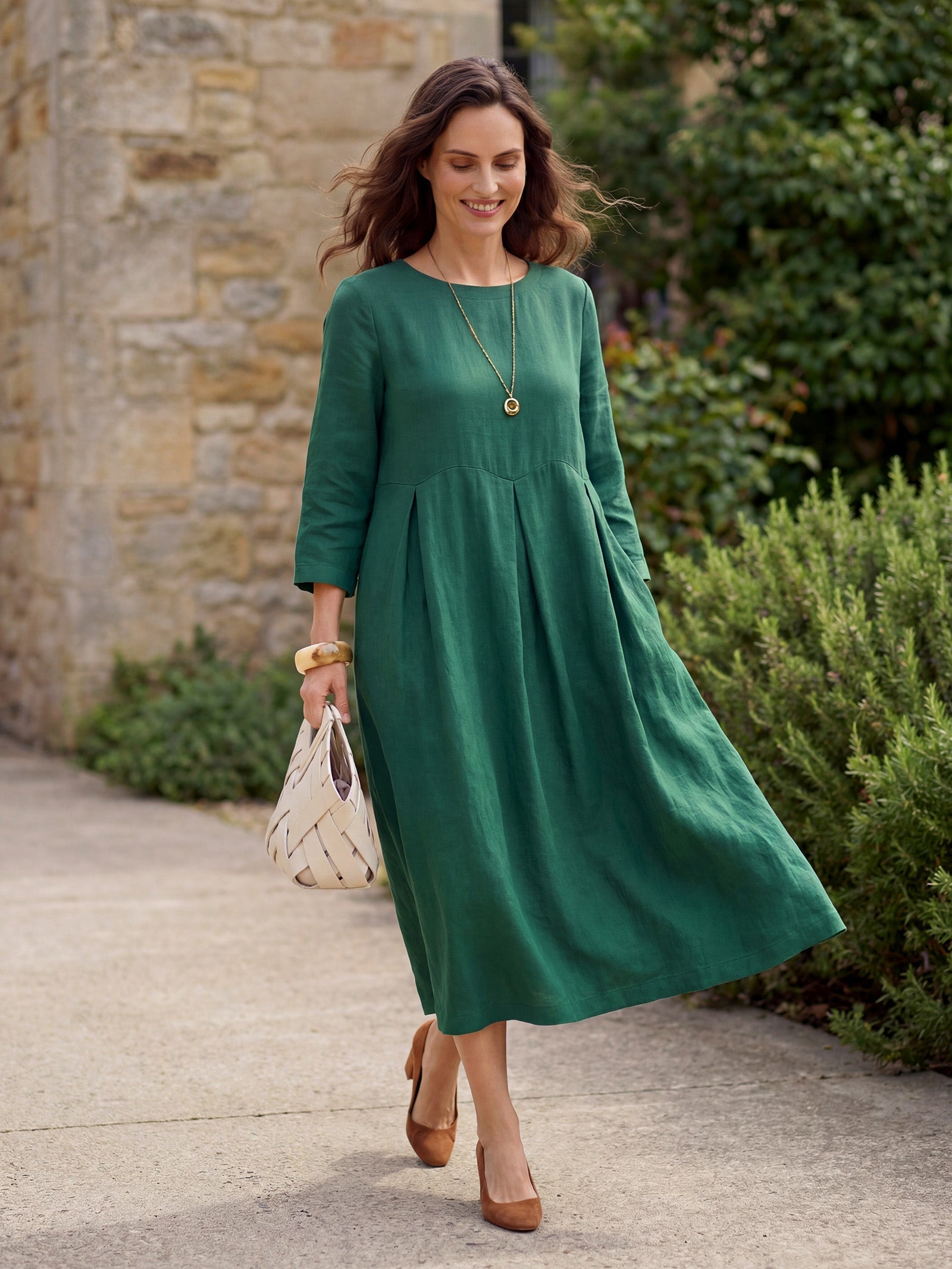 ABIGAIL Linen Bateau Neck Pleated Midi Dress