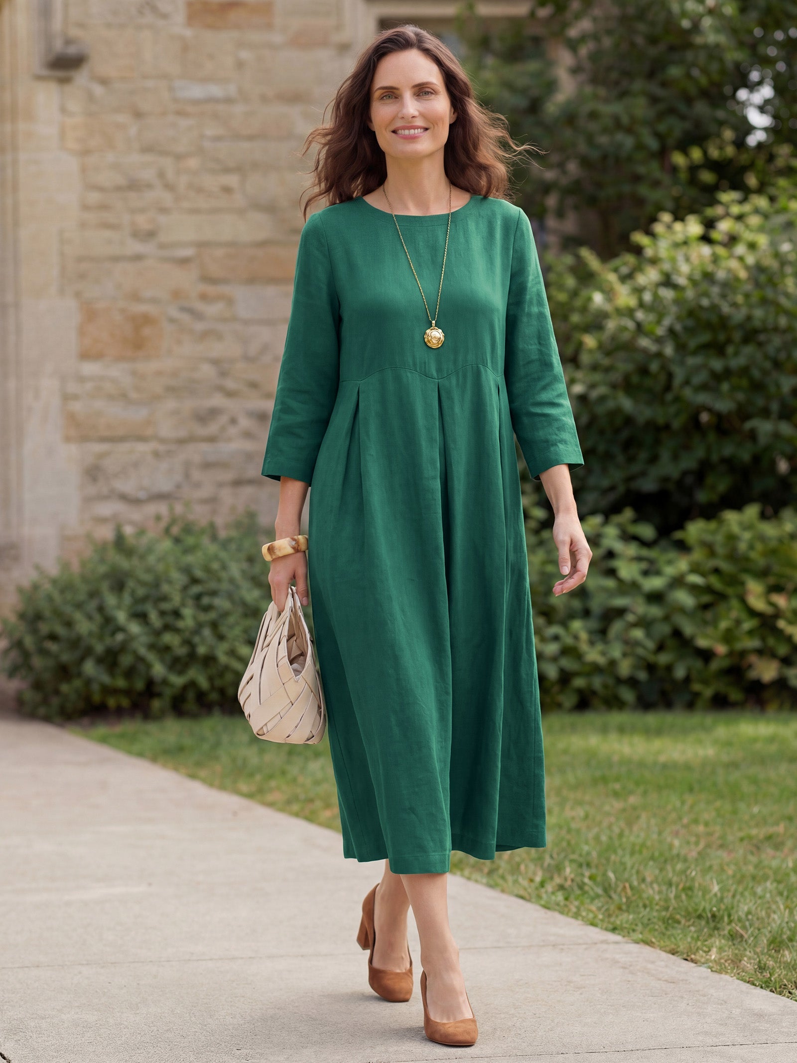ABIGAIL Linen Bateau Neck Pleated Midi Dress