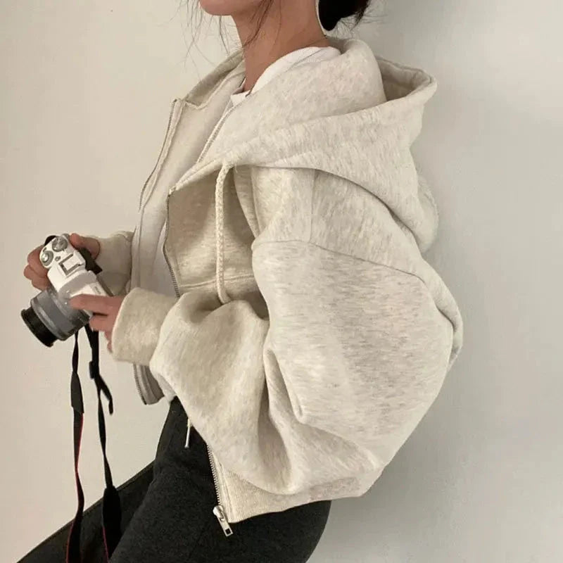 Women Y2K Oversized Crop Zip-Up Hoodie