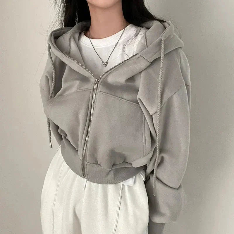 Women Y2K Oversized Crop Zip-Up Hoodie