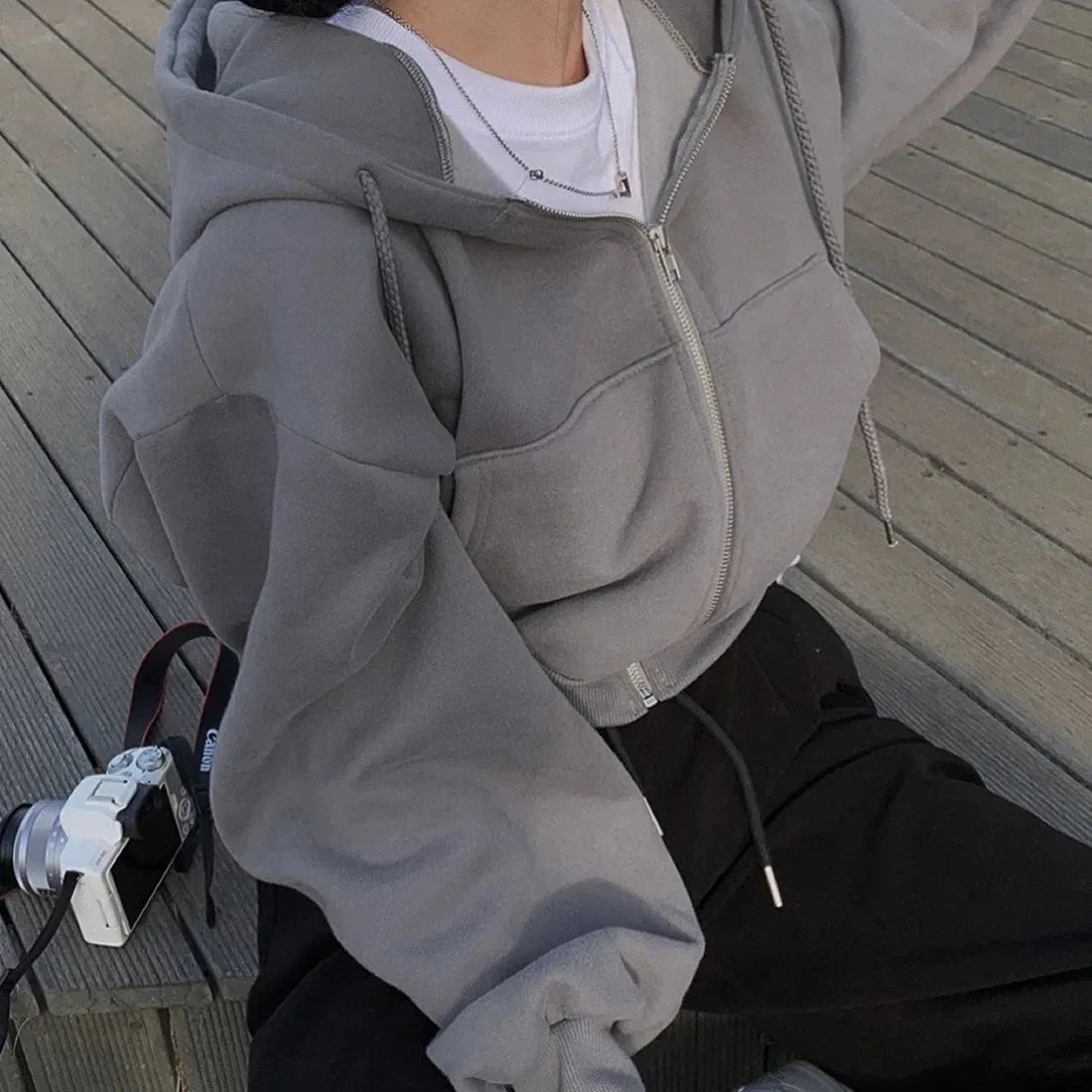 Women Y2K Oversized Crop Zip-Up Hoodie