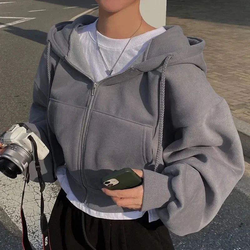 Women Y2K Oversized Crop Zip-Up Hoodie