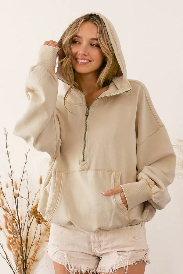 Stitch Detailed Elastic Hem Half Zip Fleece Hoodie