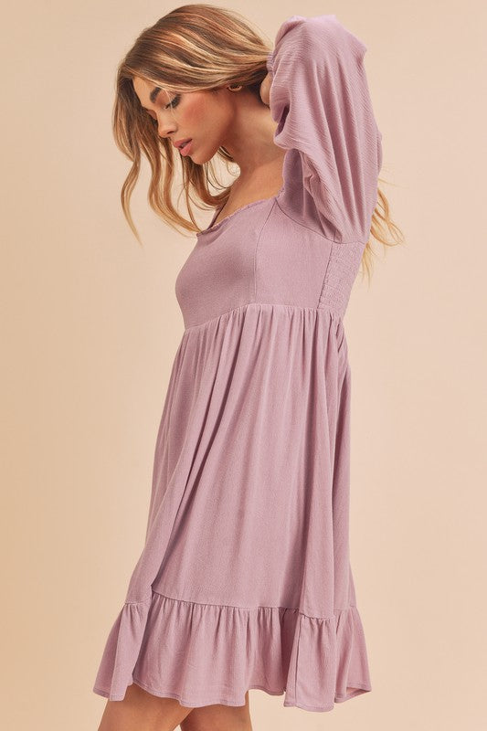 Women Ruffled Square Neck Balloon Sleeve Mini Dress