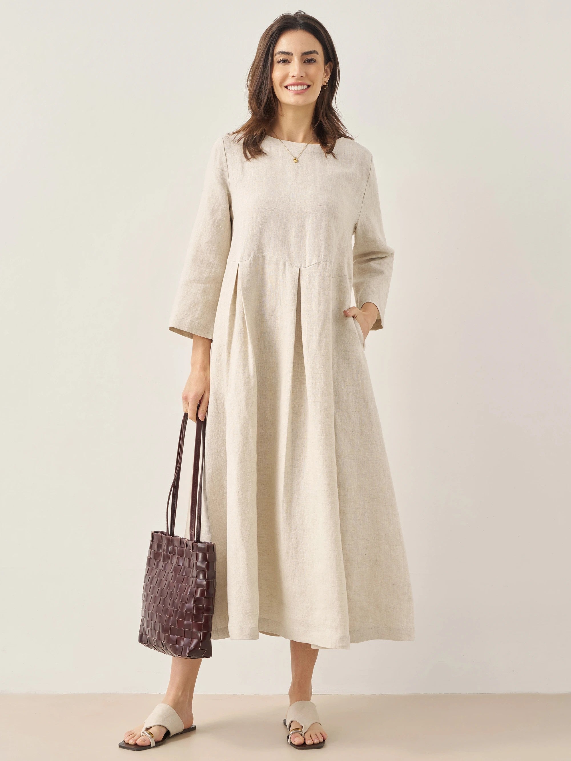 ABIGAIL Linen Bateau Neck Pleated Midi Dress