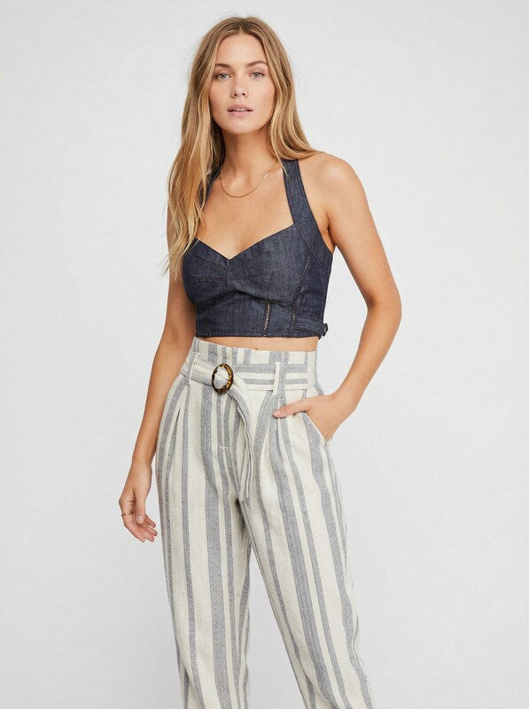 Womens Blue Sleeveless Halter Crop Top, XS